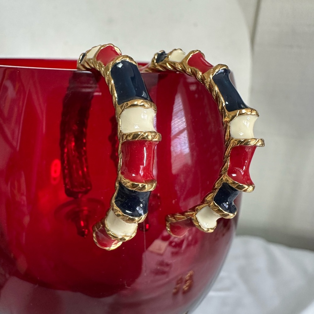 Vintage red white blue goldtone open back hoop earrings